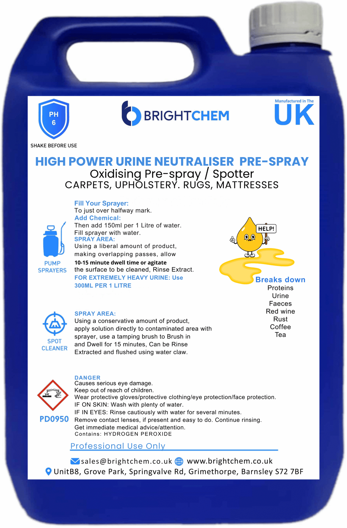 BrightChem High Power Urine and Odour Neutraliser Pre Spray - 5L - Cleaning Chemicals