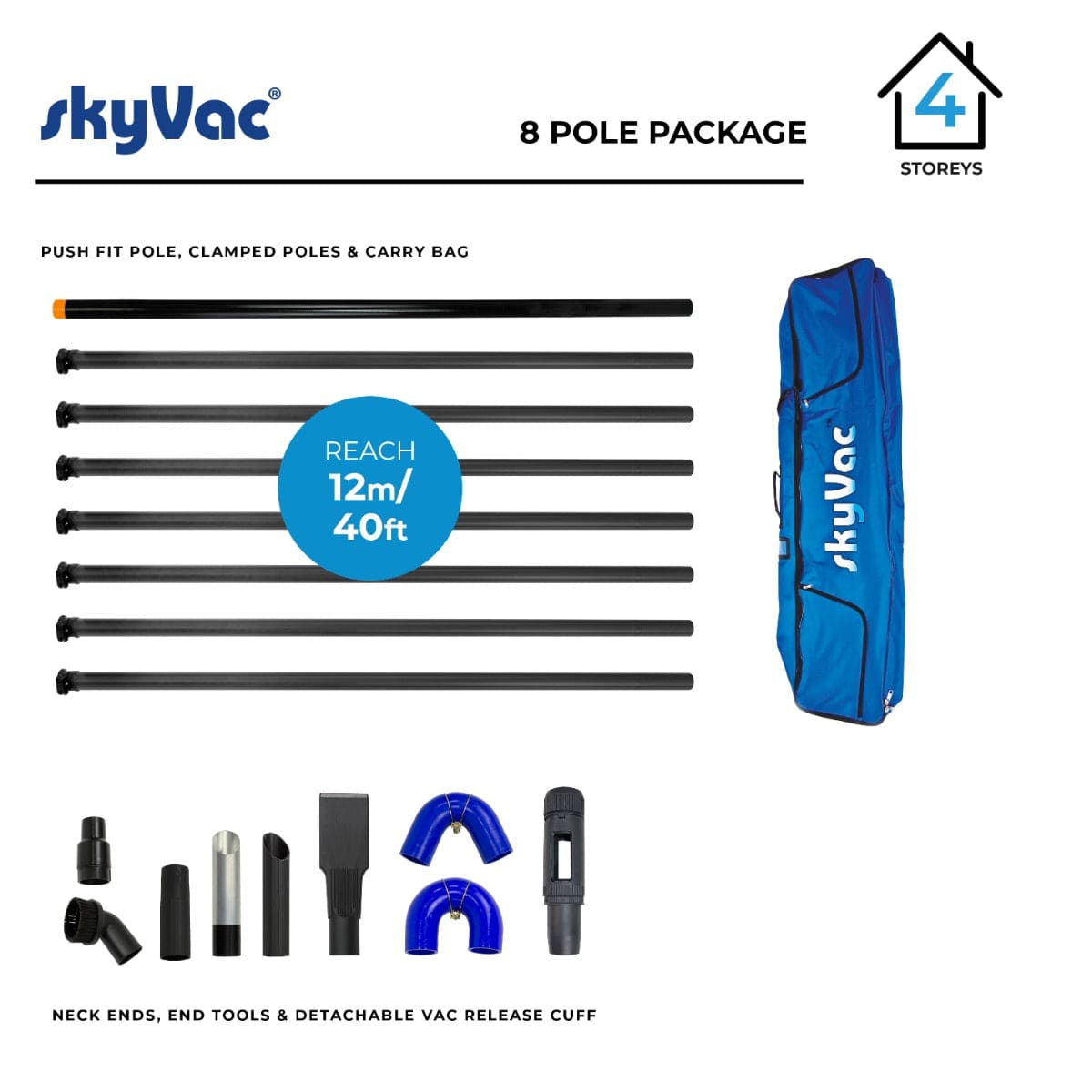 skyVac Premium 44mm Clamped Carbon Fibre Gutter Pole Set - Commercial Cleaning Machines Ltd