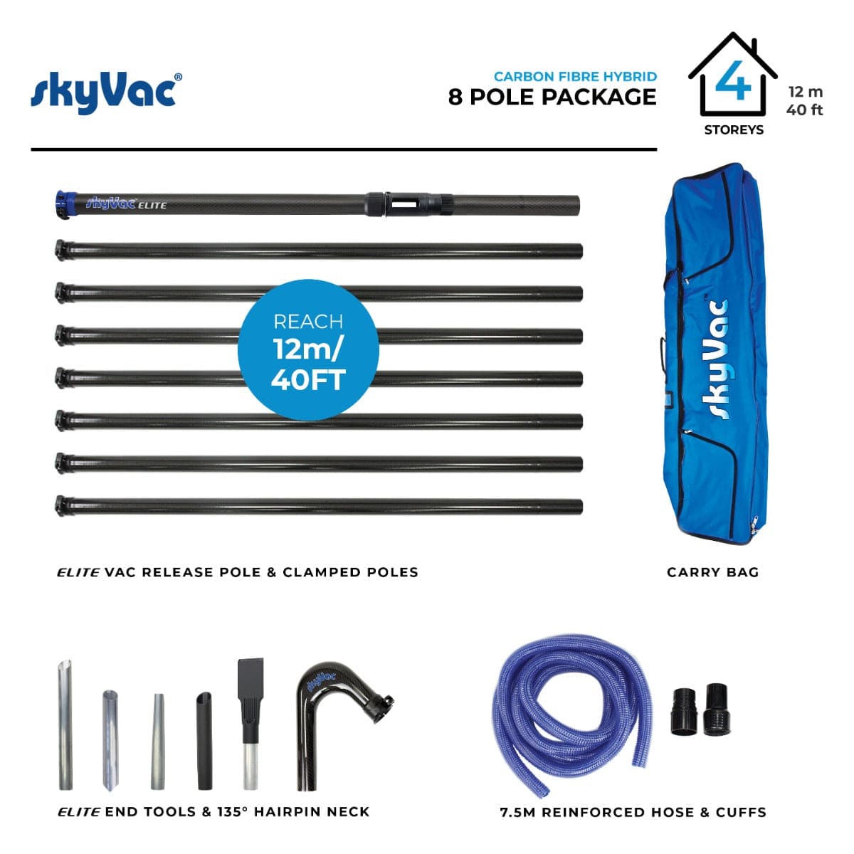 skyVac Premium 50mm Clamped Carbon Fibre Gutter Pole Set - Commercial Cleaning Machines Ltd