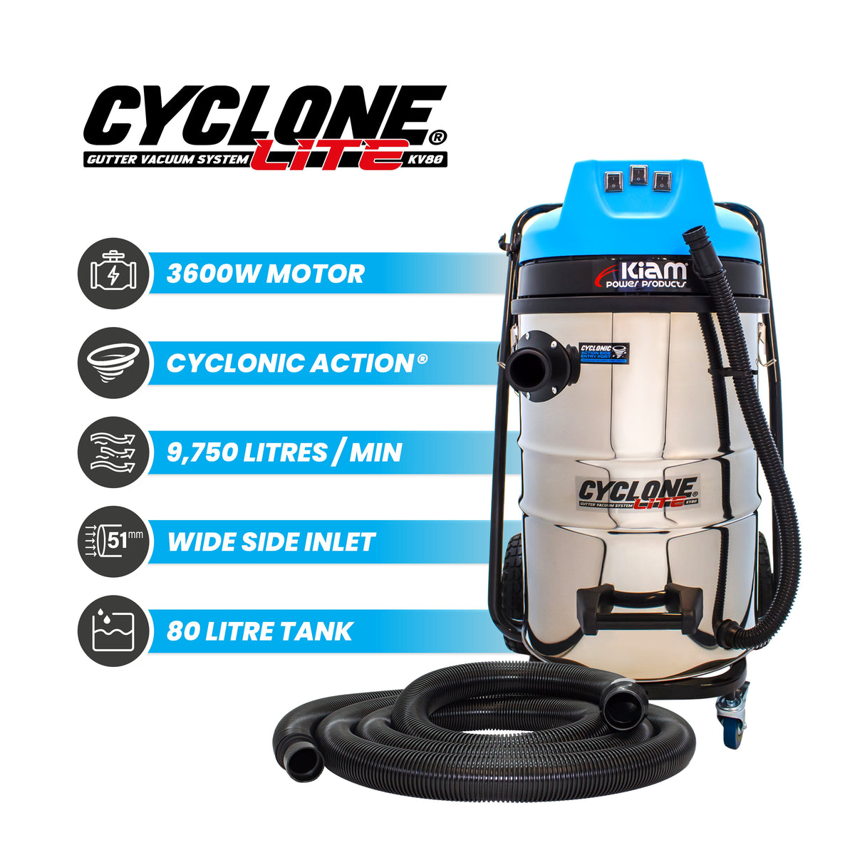Kiam Products Cyclone Lite® KV80 Gutter Vacuum 3600W - Side Entry