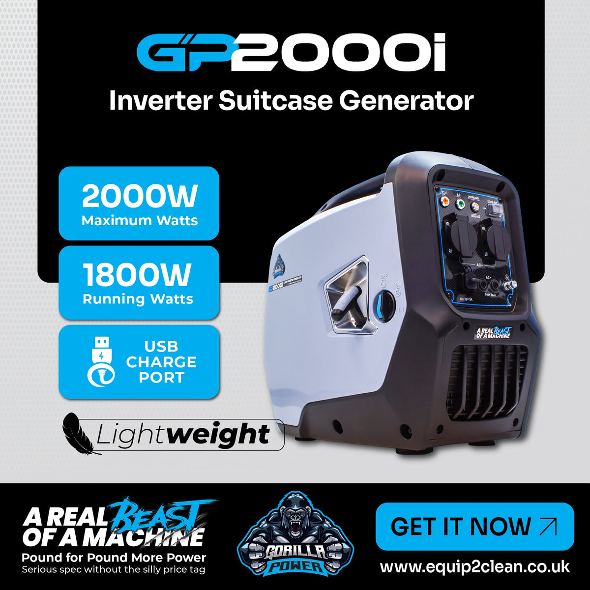 Equip2clean Gorilla Power 2000W Inverter Suitcase Generator - GP2000i – Ultra-Portable & Fuel Efficient