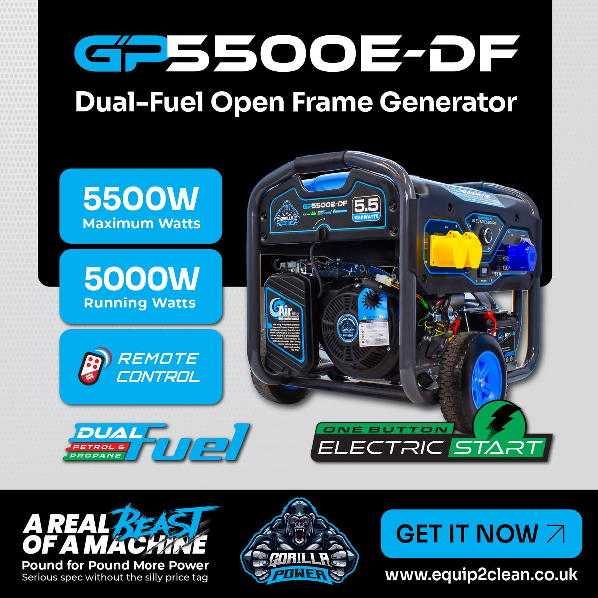 Equip2clean Gorilla Power 5500W Dual-Fuel Generator with Electric Start - GP5500E-DF – Reliable & Fuel Efficient