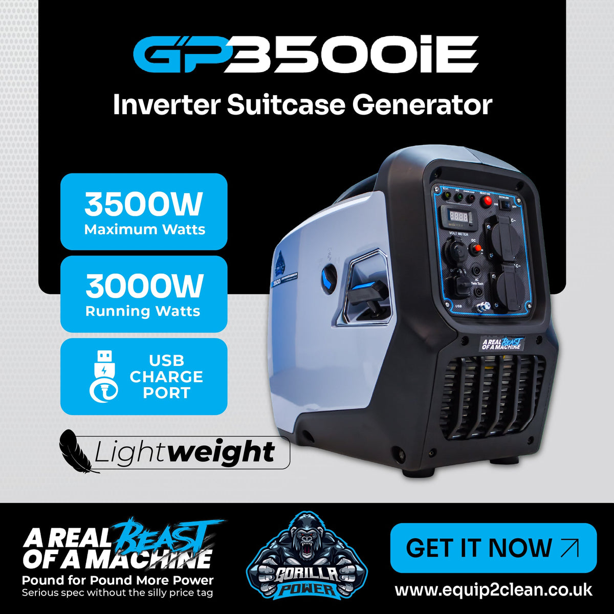 Equip2clean Gorilla Power 3500W Inverter Suitcase Generator - GP3500i – Powerful & Fuel Efficient