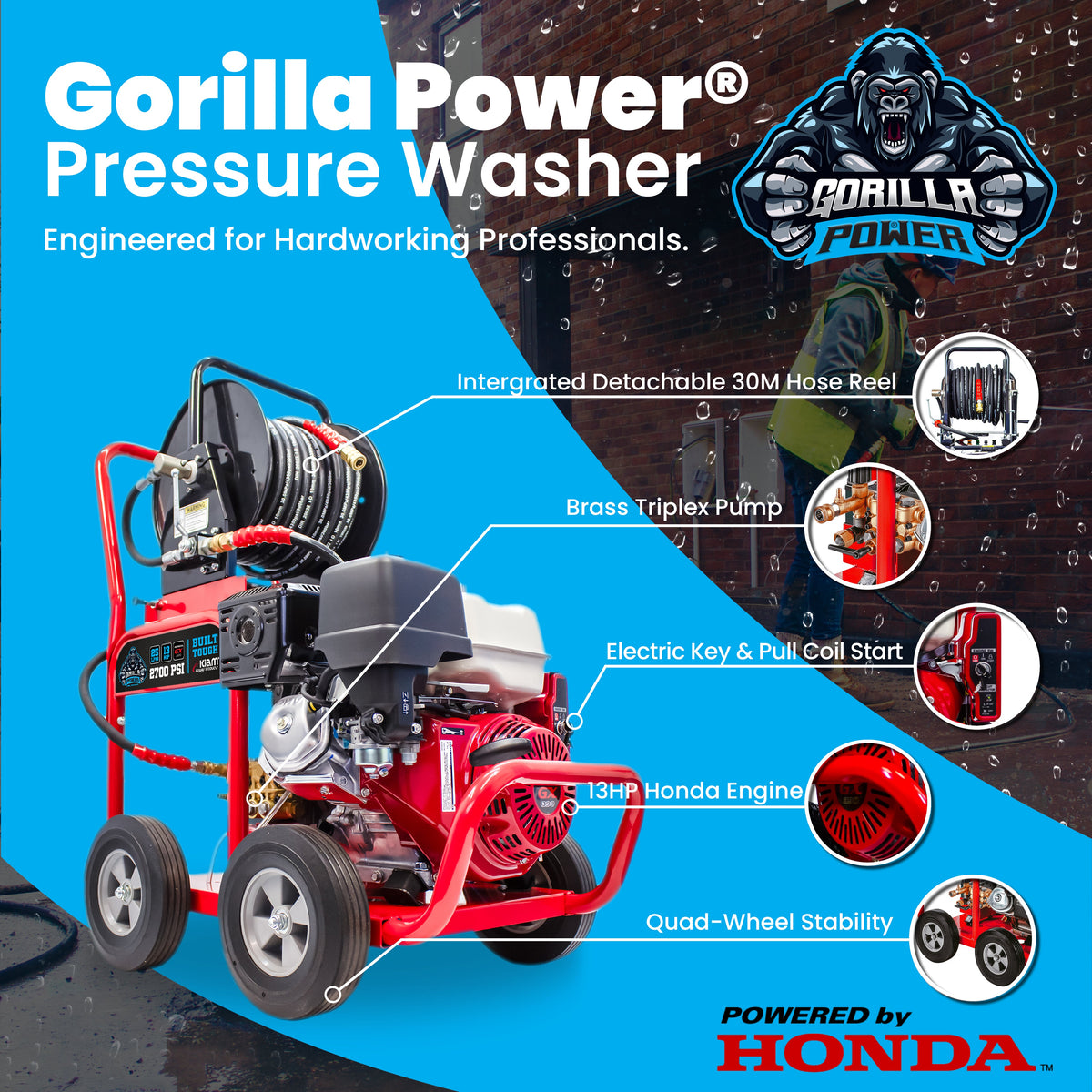 Kiam Products Kiam GORILLA POWER® 2700PSI 25LPM 13HP Petrol Pressure Washer Honda GX390 Engine