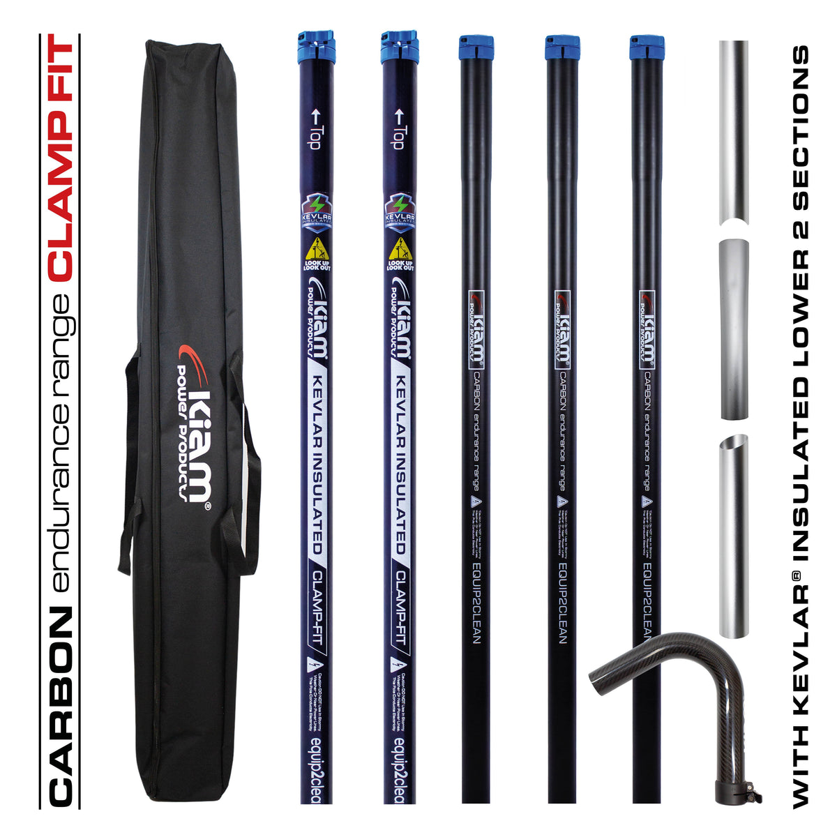 Kiam Products Clamped Carbon Fibre Gutter Vacuum Pole Kits (51mm Diameter) 20ft-40ft