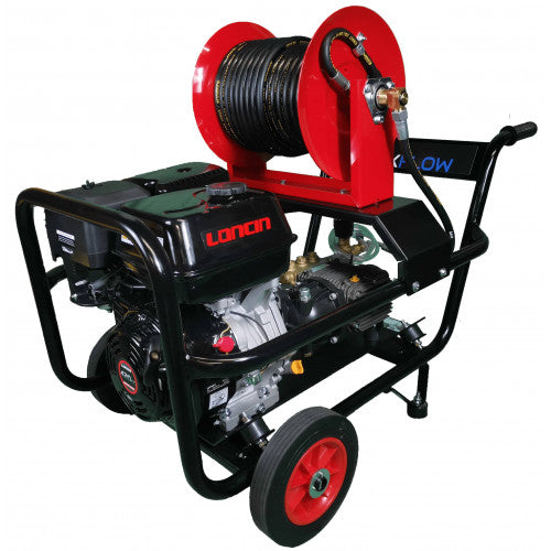 Maxflow Industrial Pressure Washer - Loncin G420 21 LPM Gearbox Driven Trolley Frame - 30M Reel (Electric Start)