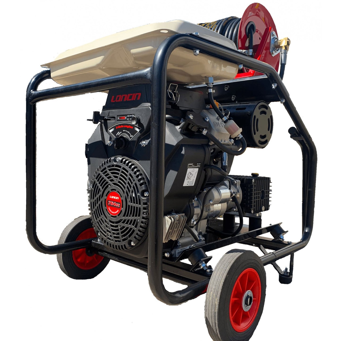 Maxflow Industrial Twin-Cylinder Pressure Washer - Loncin LC2V80FD-1 41 LPM Interpump Trolley Frame + 40M Reel (Electric Start)