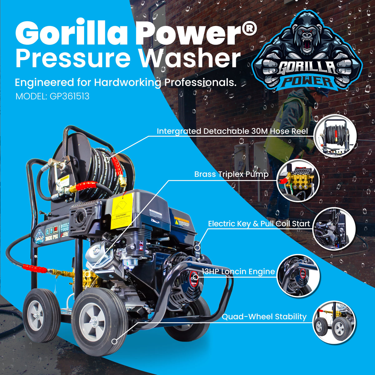 Kiam Products Kiam GORILLA POWER® 3600PSI 15LPM 13HP Petrol Pressure Washer Loncin Engine