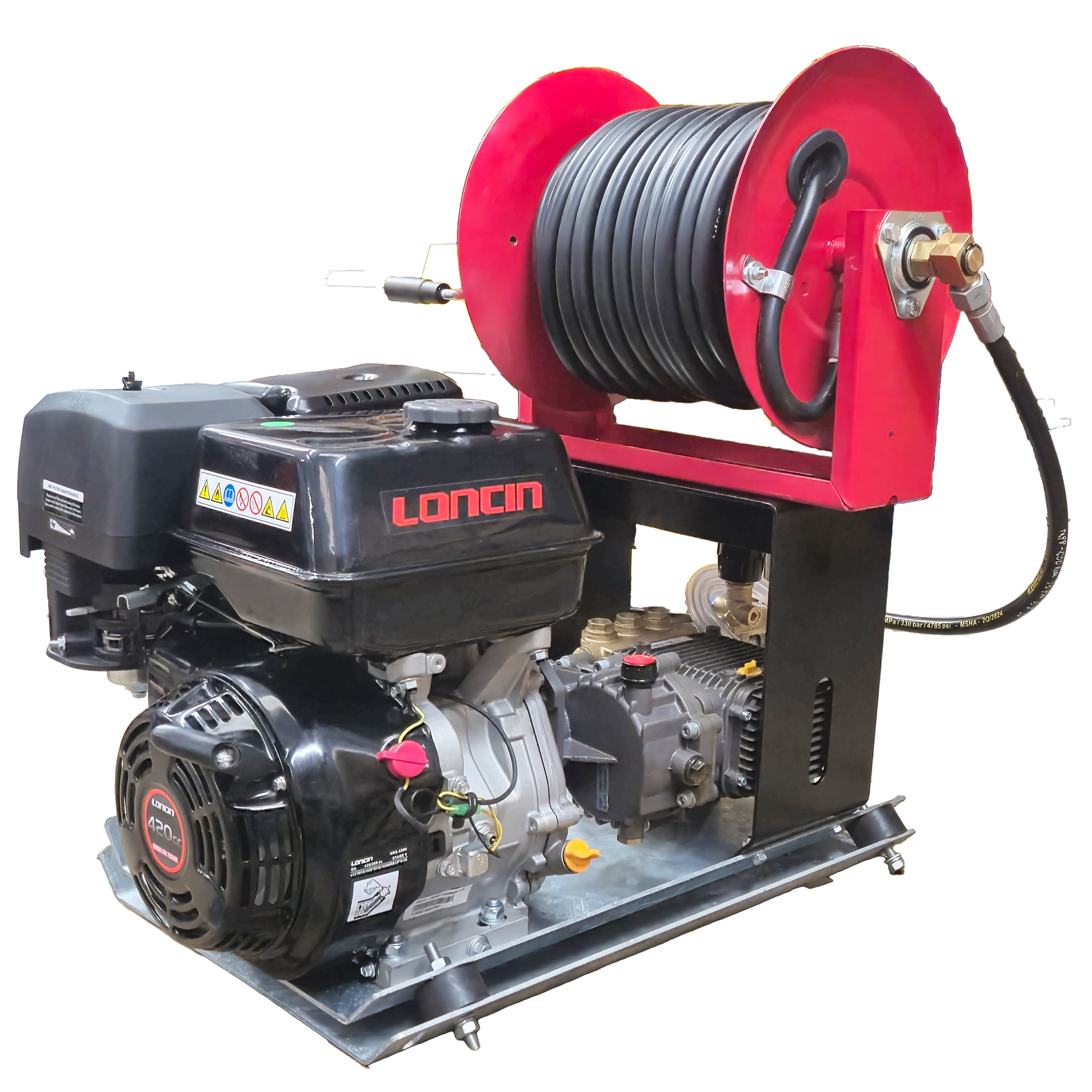 Maxflow Industrial Pressure Washer - Loncin G420 21 LPM Powerwasher Skid Frame + 30M Reel