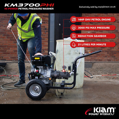 Kiam Products 21LPM Petrol Pressure Washer – Kiam KM3700PHI HIFLOW | 14HP Jet Cleaner