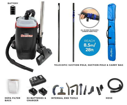 skyVac Bacuum - High Level Back-Pack Vacuum Cleaner - Mains or Battery - Up To 28ft