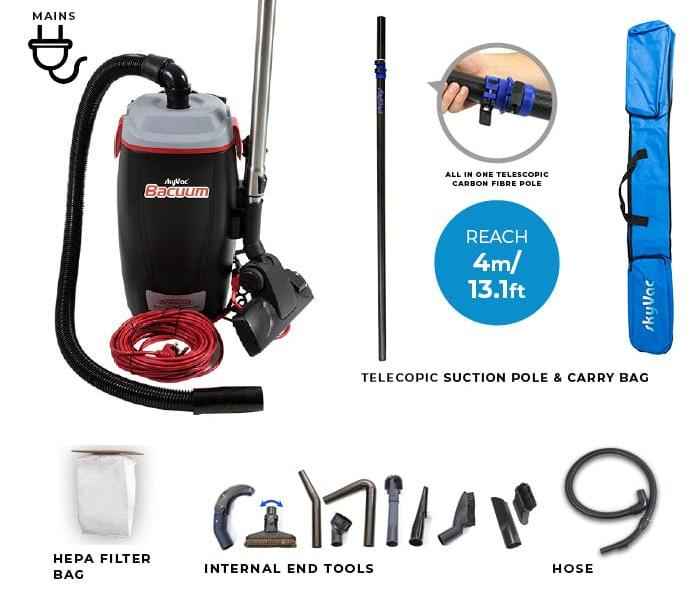 skyVac Bacuum - High Level Back-Pack Vacuum Cleaner - Mains or Battery - Up To 28ft