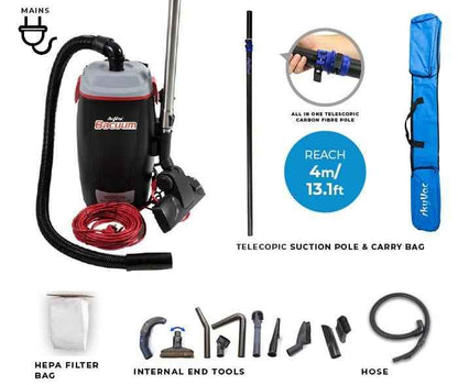 skyVac Bacuum - High Level Back-Pack Vacuum Cleaner - Mains or Battery - Up To 28ft