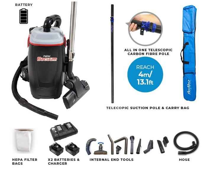 skyVac Bacuum - High Level Back-Pack Vacuum Cleaner - Mains or Battery - Up To 28ft