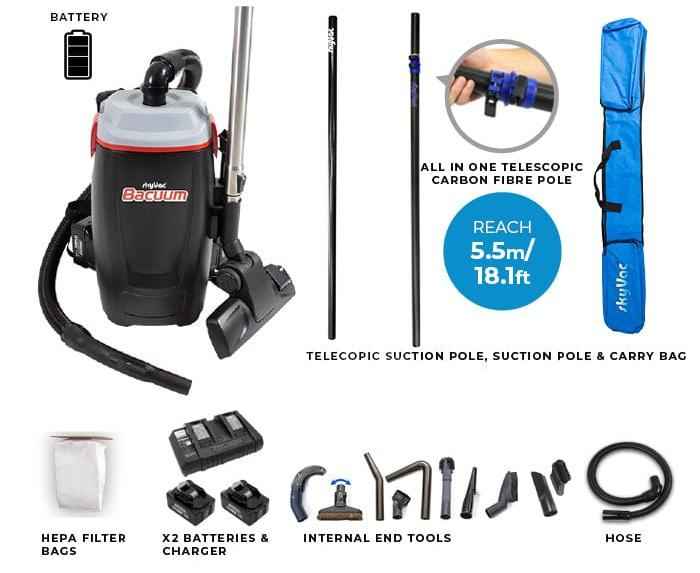 skyVac Bacuum - High Level Back-Pack Vacuum Cleaner - Mains or Battery - Up To 28ft