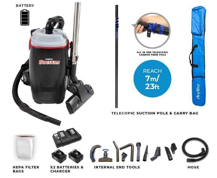 skyVac Bacuum - High Level Back-Pack Vacuum Cleaner - Mains or Battery - Up To 28ft
