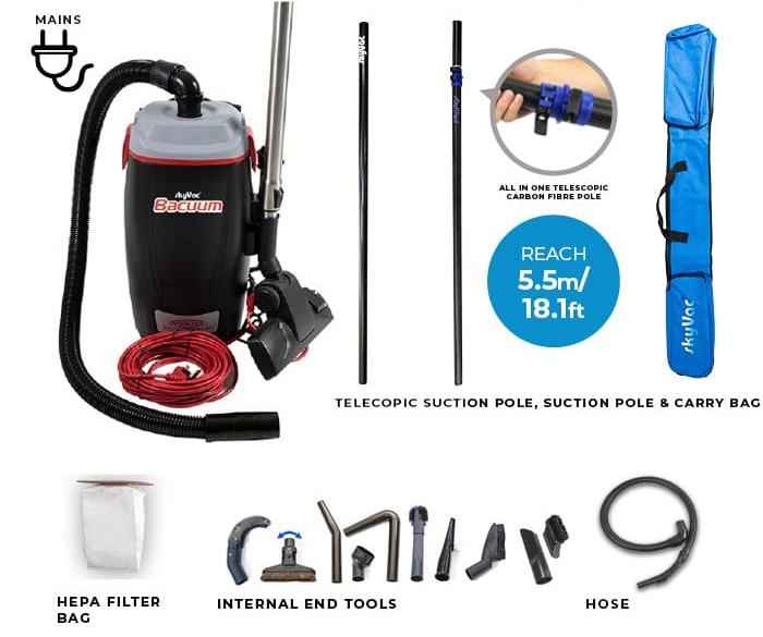 skyVac Bacuum - High Level Back-Pack Vacuum Cleaner - Mains or Battery - Up To 28ft