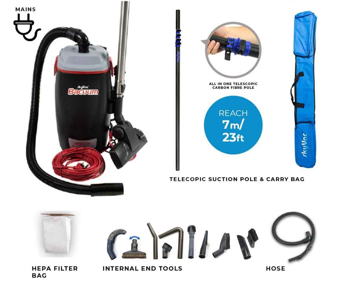 skyVac Bacuum - High Level Back-Pack Vacuum Cleaner - Mains or Battery - Up To 28ft