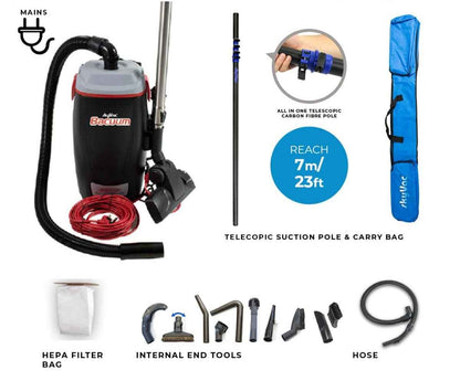 skyVac Bacuum - High Level Back-Pack Vacuum Cleaner - Mains or Battery - Up To 28ft