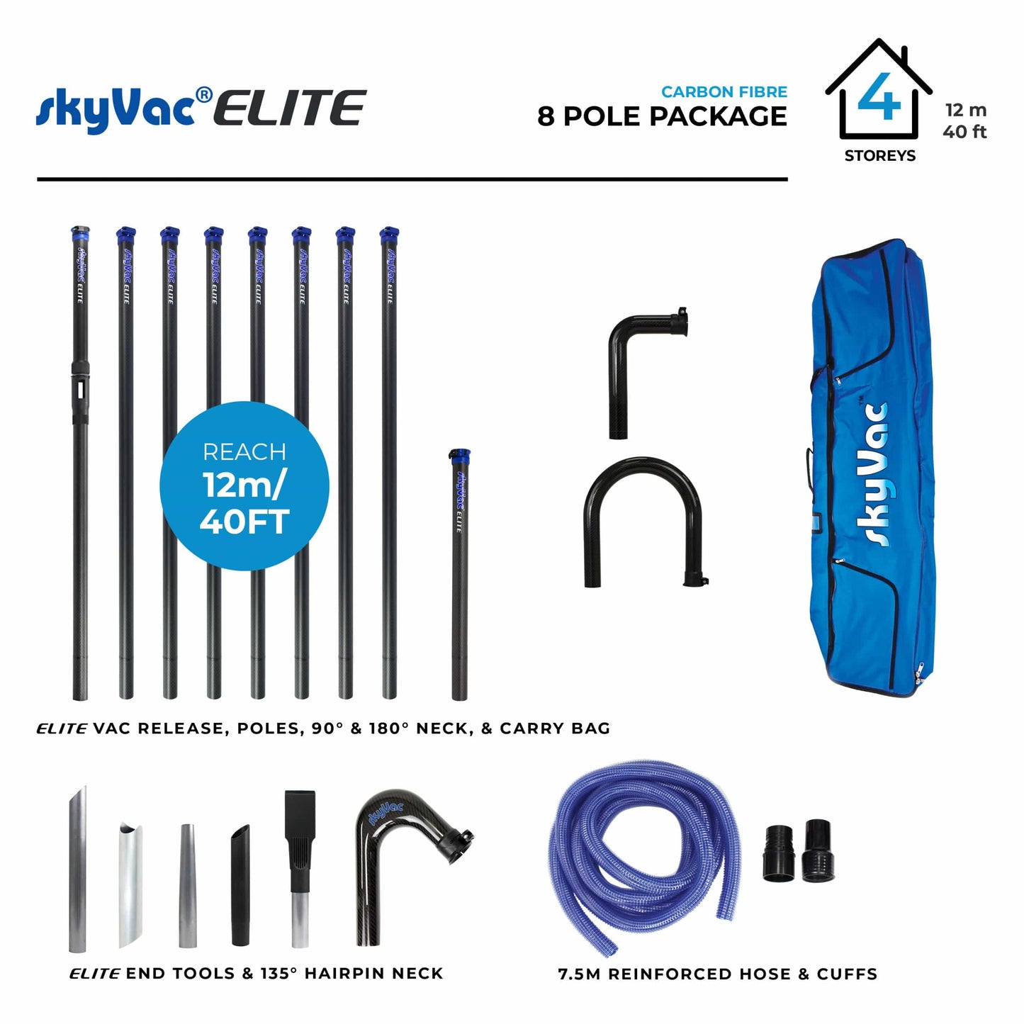 skyVac Elite 50mm Clamped Carbon Fibre Gutter Pole Set - Commercial Cleaning Machines Ltd