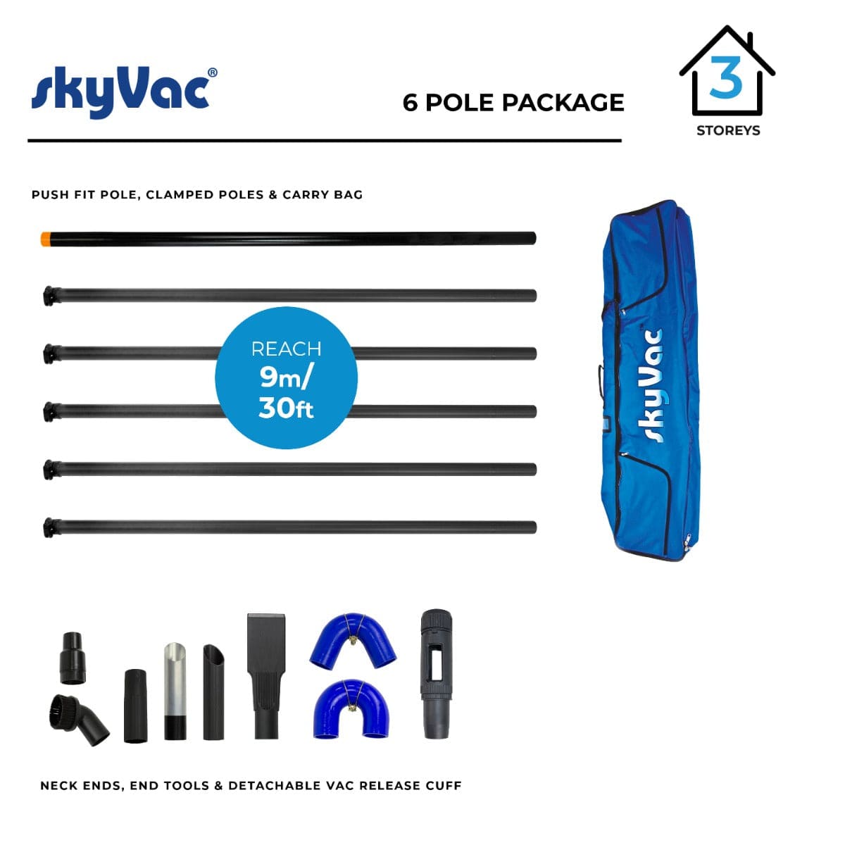 skyVac Premium 44mm Clamped Carbon Fibre Gutter Pole Set - Commercial Cleaning Machines Ltd