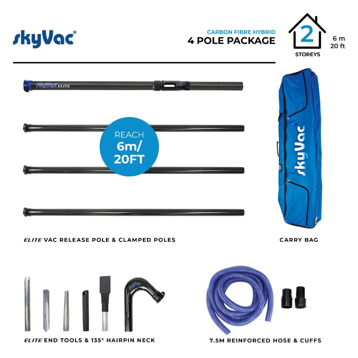 skyVac Premium 50mm Clamped Carbon Fibre Gutter Pole Set - Commercial Cleaning Machines Ltd