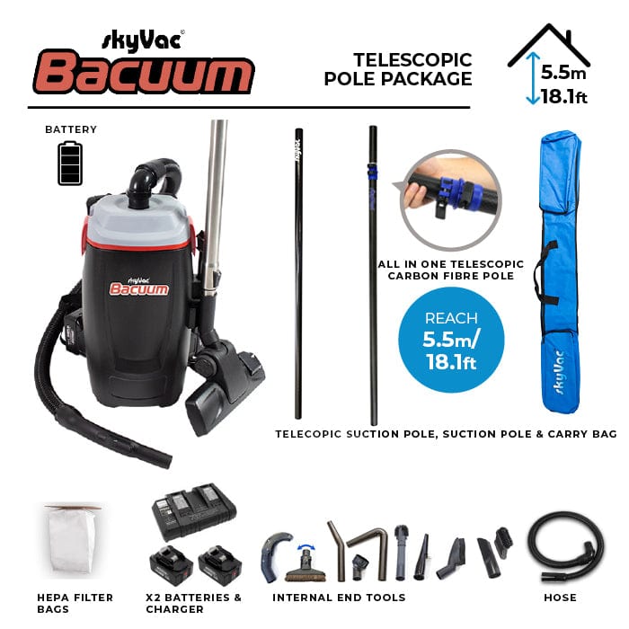 SkyVac Bacuum - High Level Back-Pack Vacuum Cleaner - Mains or Battery - Up To 28ft - Commercial Cleaning Machines