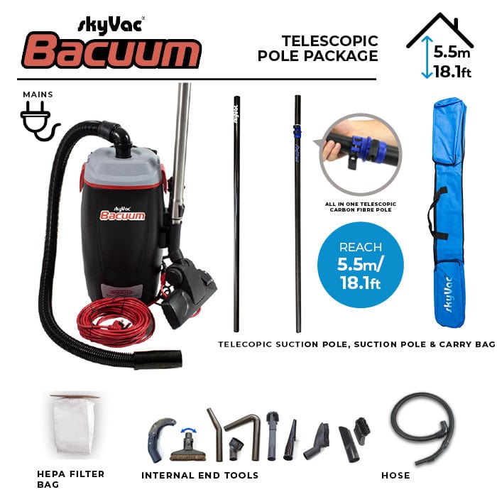 SkyVac Bacuum - High Level Back-Pack Vacuum Cleaner - Mains or Battery - Up To 28ft - Commercial Cleaning Machines