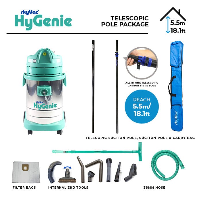 SkyVac Hygenie H Class High Reach Vacuum With Telescopic Suction Poles - Commercial Cleaning Machines
